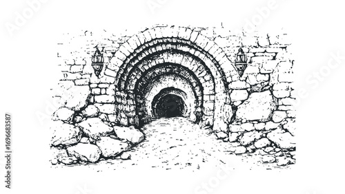 Stone arched tunnel entrance with lanterns on transparent background. Vector hand drawn illustration