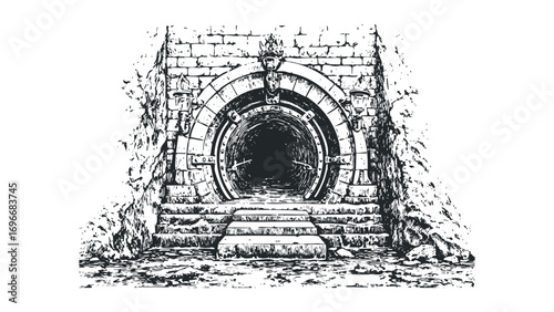 Fantasy arched stone tunnel entrance with metal gate and stairs. Vector hand drawn illustration