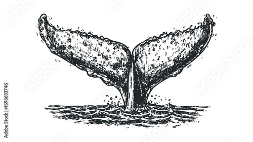 Whale tail emerging from wavy water, line art sketch. Vector hand drawn illustration