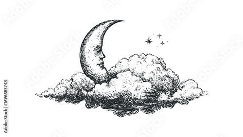 Anthropomorphic crescent moon face peeking through sketch clouds with stars. Vector hand drawn illustration