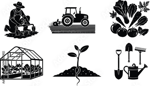 Agriculture and gardening vector, planting seedlings, tractor plowing, vegetable harvest, greenhouse plants, seedling growth, gardening tools, farming concept, horticulture, cultivation