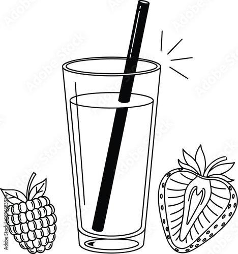 Refreshing berry smoothie in a tall glass with a straw, surrounded by fresh fruit.