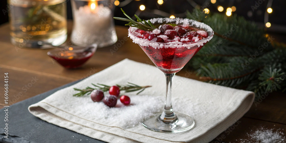 Naklejka premium Cranberry cocktail with sugared rim, cranberries, rosemary resting on snow-dusted napkin against Christmas lights creating festive holiday beverage presentation.
