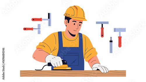 Artisan at Work: A skilled artisan, clad in a protective helmet, meticulously crafts a wooden plank with his electric sander, showcasing precision and dedication in every detail.
