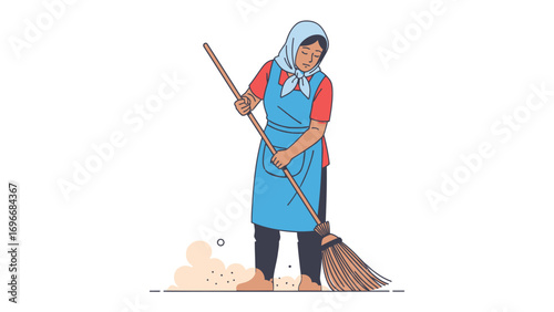 Sweeping Away: An illustration depicts a person diligently using a broom to sweep, creating a simple yet striking composition.