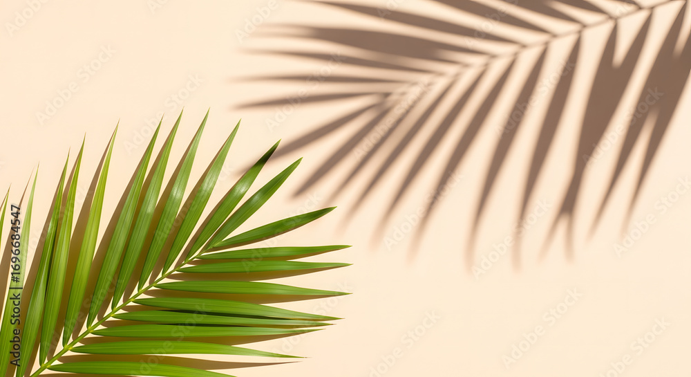 Fototapeta premium Palm frond and its shadow cast on a beige background, creating a tropical and minimalist aesthetic.