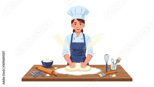 Baking Bliss: A woman, embodying the spirit of a chef, kneads dough on a wooden surface, surrounded by essential baking tools. The essence of culinary artistry.