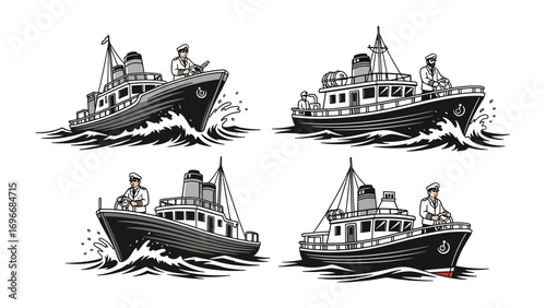 Naval Navigation: A monochromatic illustration presents four vintage ship illustrations navigating the turbulent ocean with steadfast resolve. Showcasing resilience, maritime history.