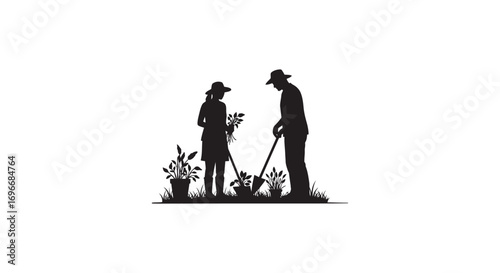 farmers working together in garden silhouette