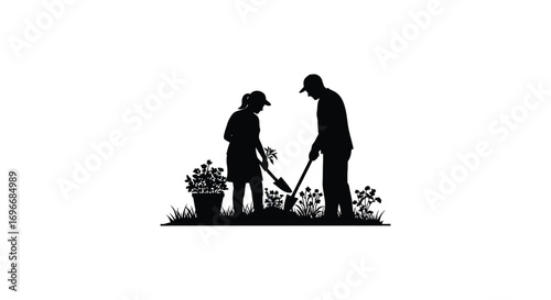 two gardeners working together with tools and plants silhouette