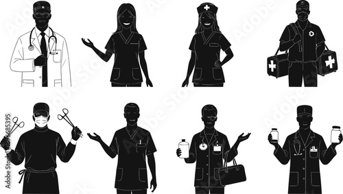 Healthcare professional silhouettes, doctor and nurse, surgeon with tools, paramedic, pharmacist, medical staff, hospital team, stethoscope, clipboard, emergency care, medicine