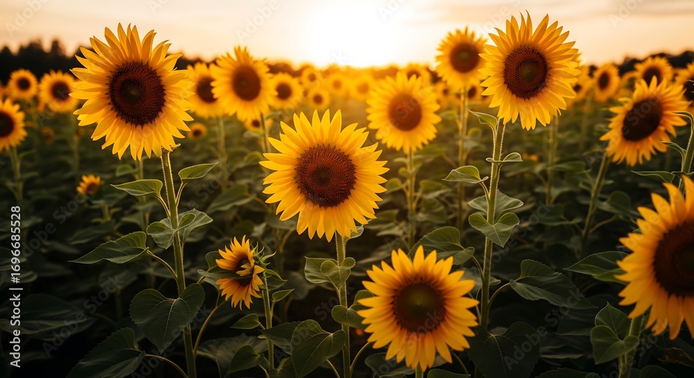Fototapeta premium A Field of Sunflowers Radiant with Golden Hour Lighting