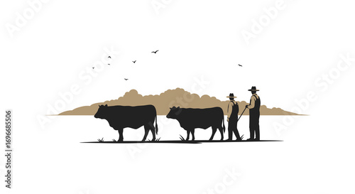 farmers standing beside cows under mountain silhouette