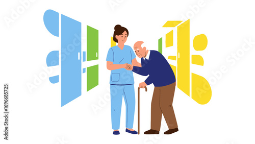 Supporting Hands: A caregiver extends a comforting hand to an elderly person, symbolizing care, assistance, and support within the tranquil backdrop of a long-term care facility.