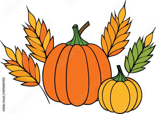Watercolor Pumpkins Autumn Harvest Illustration with Dried Leaves and Wheat