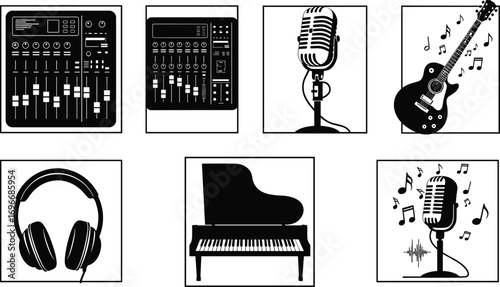 Music and audio icons, mixing console, digital workstation, vintage microphone, electric guitar, headphones, grand piano, modern mic, sound wave, instruments