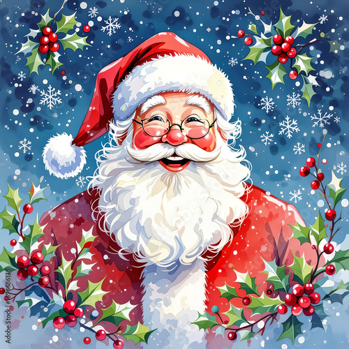 Watercolour Cheerful Santa Claus smiling surrounded by holly and snowflakes  