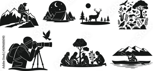 Outdoor activity silhouettes, hiking mountains, camping night, wildlife forest, biodiversity, bird photography, tree planting, kayaking adventure, nature exploration, conservation, recreation
