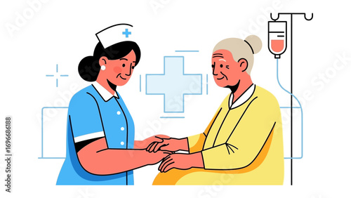 Caring Touch: A compassionate nurse offers gentle support to an elderly patient, symbolizing empathy and healthcare, capturing the essence of compassion and dedication.
