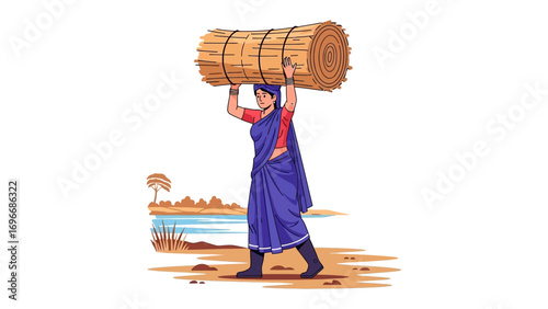 Empowering Woman: A determined woman carries a heavy bundle, embodying strength, resilience, and the spirit of labor, a testament to the beauty of simplicity and perseverance.