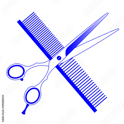 Foto Blue Grooming Icon with Scissors and Comb, Simple Dog Haircut Symbol