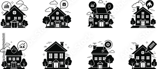 Real estate icons, property analytics, home buying, location selection, property value, market growth, house search, renovation planning, investment, housing market