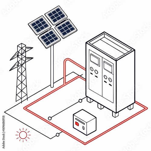 Diagram illustrating a solar power system with panels connected to an inverter and a power grid transmission tower