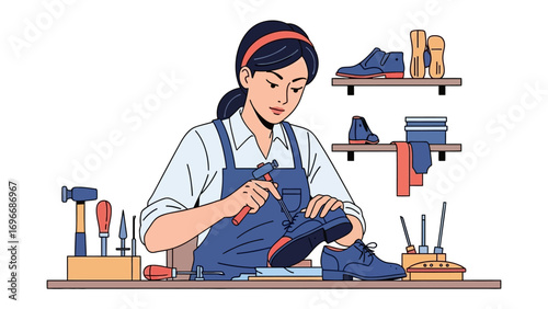 The Art of Craftsmanship: A skilled artisan meticulously crafts a bespoke shoe within the heart of a quaint workshop, illustrating precision and devotion.