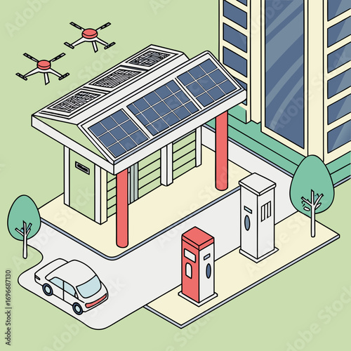 Futuristic isometric city scene with solar powered bus stop electric car charging station and delivery drones flying