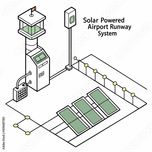 Illustration of a solar powered airport runway lighting and control system with solar panels