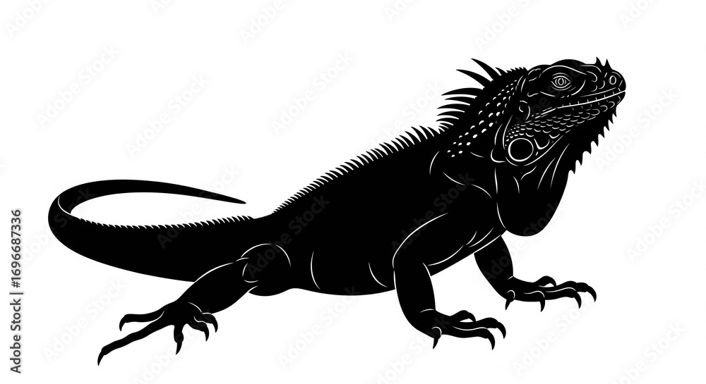 Obraz premium Black silhouette of a detailed Iguana reptile, isolated transparent background.