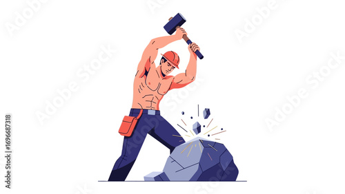 Determined Labor: A strong worker fearlessly swings a massive hammer, chiseling away at a formidable rock, symbolizing construction and human endeavor.
