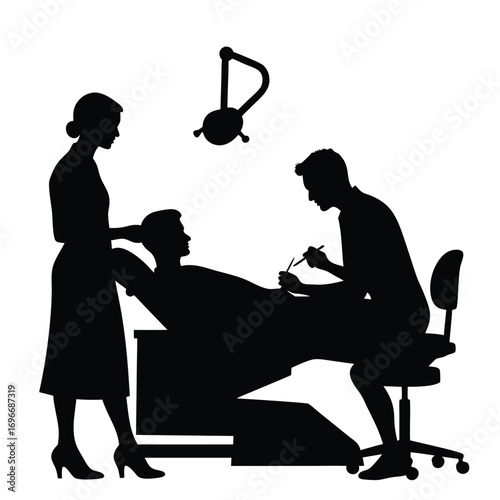 Dentist and nurse attending to patient in dental chair silhouette
