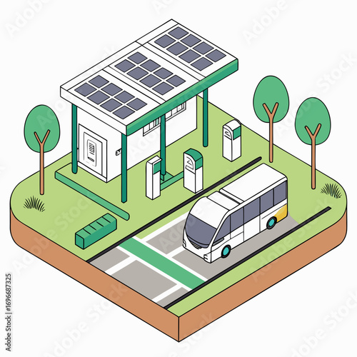 Isometric illustration of a modern electric bus charging at a solar powered station with trees and grass