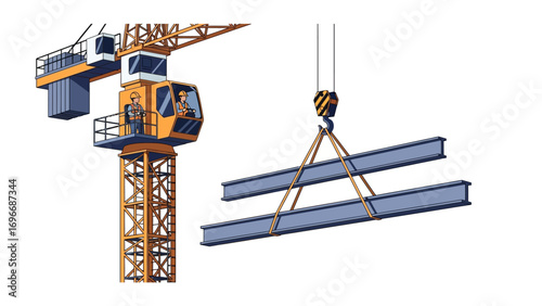 Crane at Work: A towering crane meticulously hoists heavy metal beams on a construction site. This image portrays the intricate dance of engineering and labor.