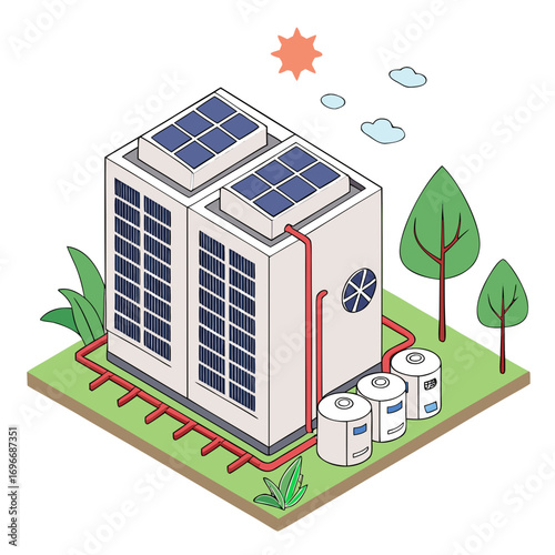 Isometric illustration of a modern geothermal heat pump system with solar panels on top surrounded by nature