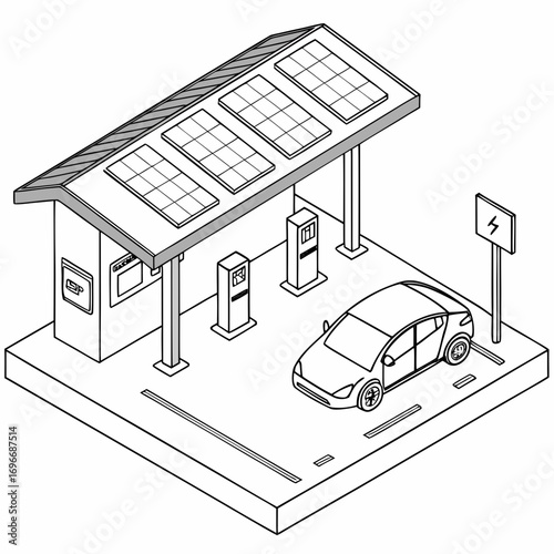 Isometric illustration of an electric vehicle charging station powered by solar panels on the roof