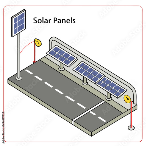 Isometric illustration of solar panels installed along a road for renewable energy generation and sustainable infrastructure development
