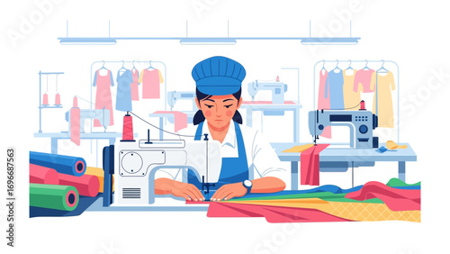 Artisan at Work: A dedicated artisan is meticulously crafting a garment with skill and precision, surrounded by the tools of her trade and the vibrant materials of her craft. 