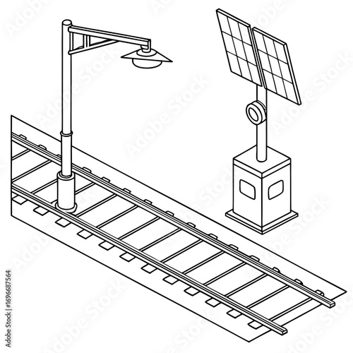 Isometric line art illustration of a railway track with a street lamp and a solar panel powered station