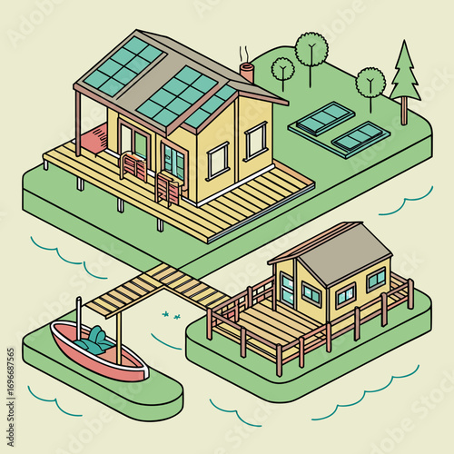 Isometric illustration of two charming cabins with solar panels and a boat docked at a wooden pier