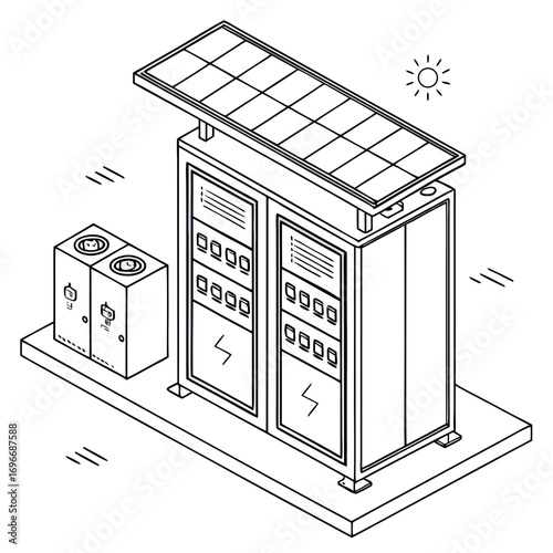 Isometric line art illustration of a solar powered charging station with electrical panels and outlets for electric vehicles