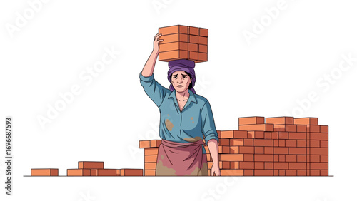 Bricklaying Laborer: A determined female worker balances a stack of bricks on her head as she diligently contributes to the construction of a building.