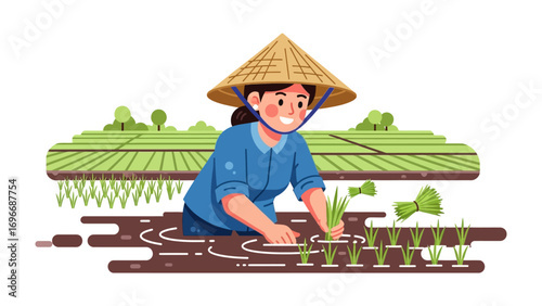 Farmer Working in Rice Paddy: An illustration depicts a dedicated farmer in a conical hat, carefully planting rice seedlings in a flooded paddy field. This scene represents the essence of rural life.