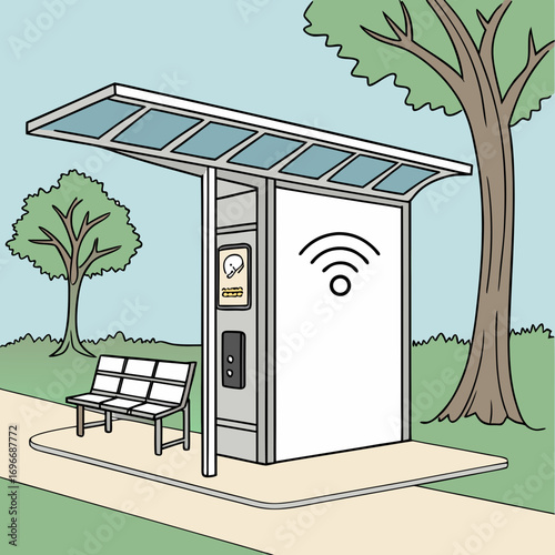 Modern bus stop shelter with solar panels and wi fi symbol offering a comfortable waiting experience
