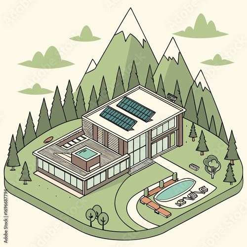 Modern eco friendly house with solar panels and swimming pool in a mountainous forest landscape