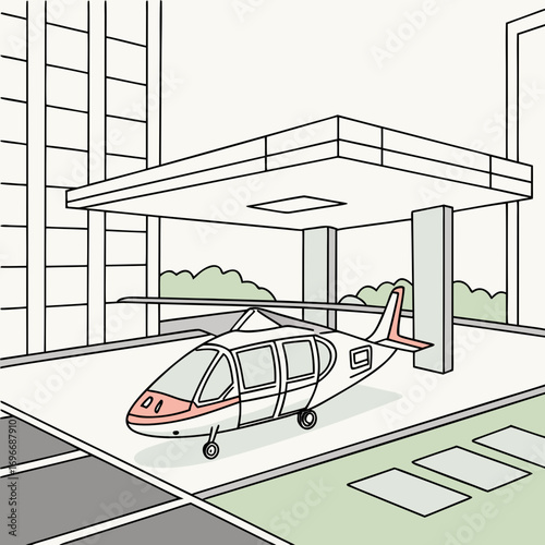 Modern helicopter parked under a covered landing pad next to a contemporary building with greenery