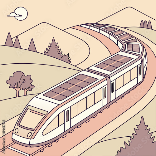 Modern high speed train with solar panels on roof traveling through scenic rolling hills landscape