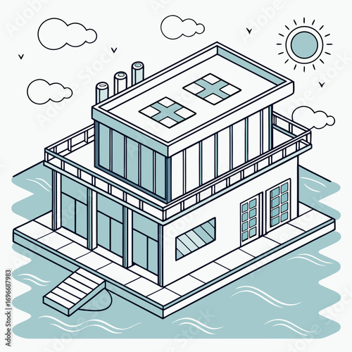 Modern isometric houseboat with rooftop terrace and chimney stacks floating on wavy water under a bright sun and clouds
