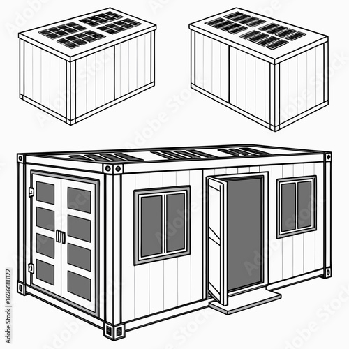 Modern shipping container home design with solar panels on the roof and windows and doors